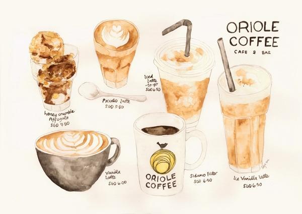 咖啡和小点心。水彩插画作品赏