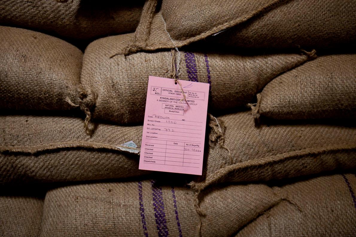 坎帕拉的Kyagalanyi Coffee Ltd工廠中一袋袋準備出口的咖啡豆。PHOTOGRAPH BY TREVOR SNAPP, BLOOMBERG VIA GETTY IMAGES